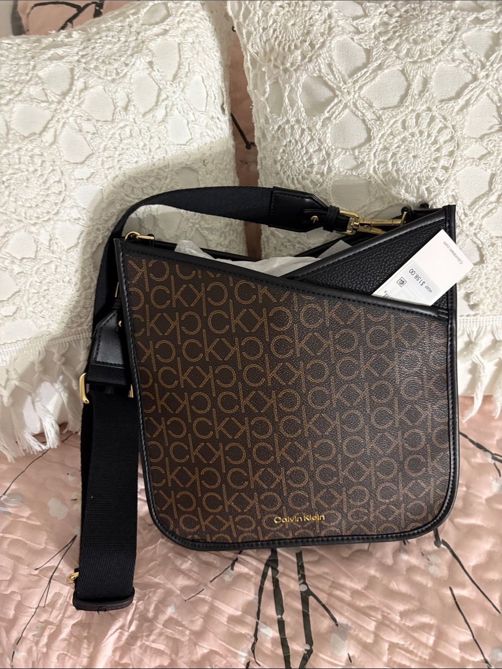 Calvin Klein Brown Monogram Crossbody with Black Strap